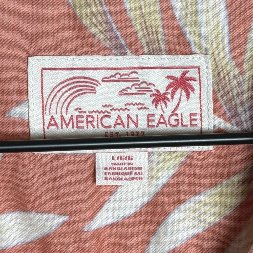 American Eagle Mens L Coral Tropical Palm Leaf Cotton Linen Short Sleeve Shirt - Picture 3 of 8